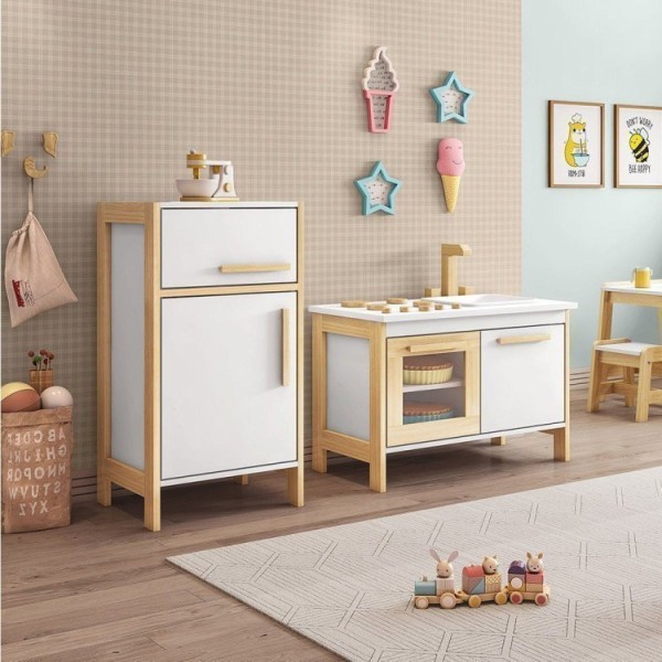 Encontraproduto.com.br - Kit Cozinha e Geladeira Funcional Montessoriana Branco/Natural - Casatema