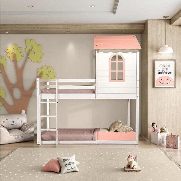 Encontraproduto.com.br - Beliche Montessoriano Club House Sweet Branco/Rosa - Casatema