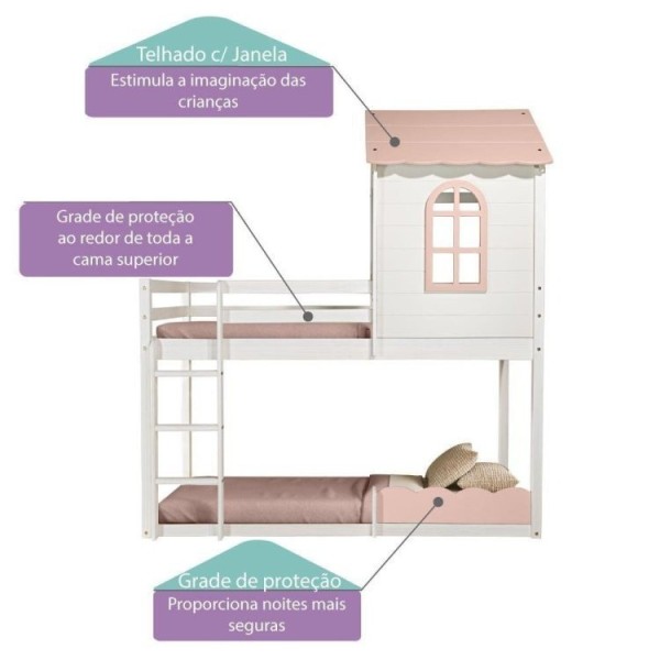 Encontraproduto.com.br - Beliche Montessoriano Club House Sweet Branco/Rosa - Casatema