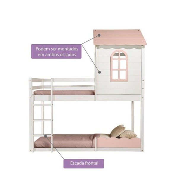 Encontraproduto.com.br - Beliche Montessoriano Club House Sweet Branco/Rosa - Casatema