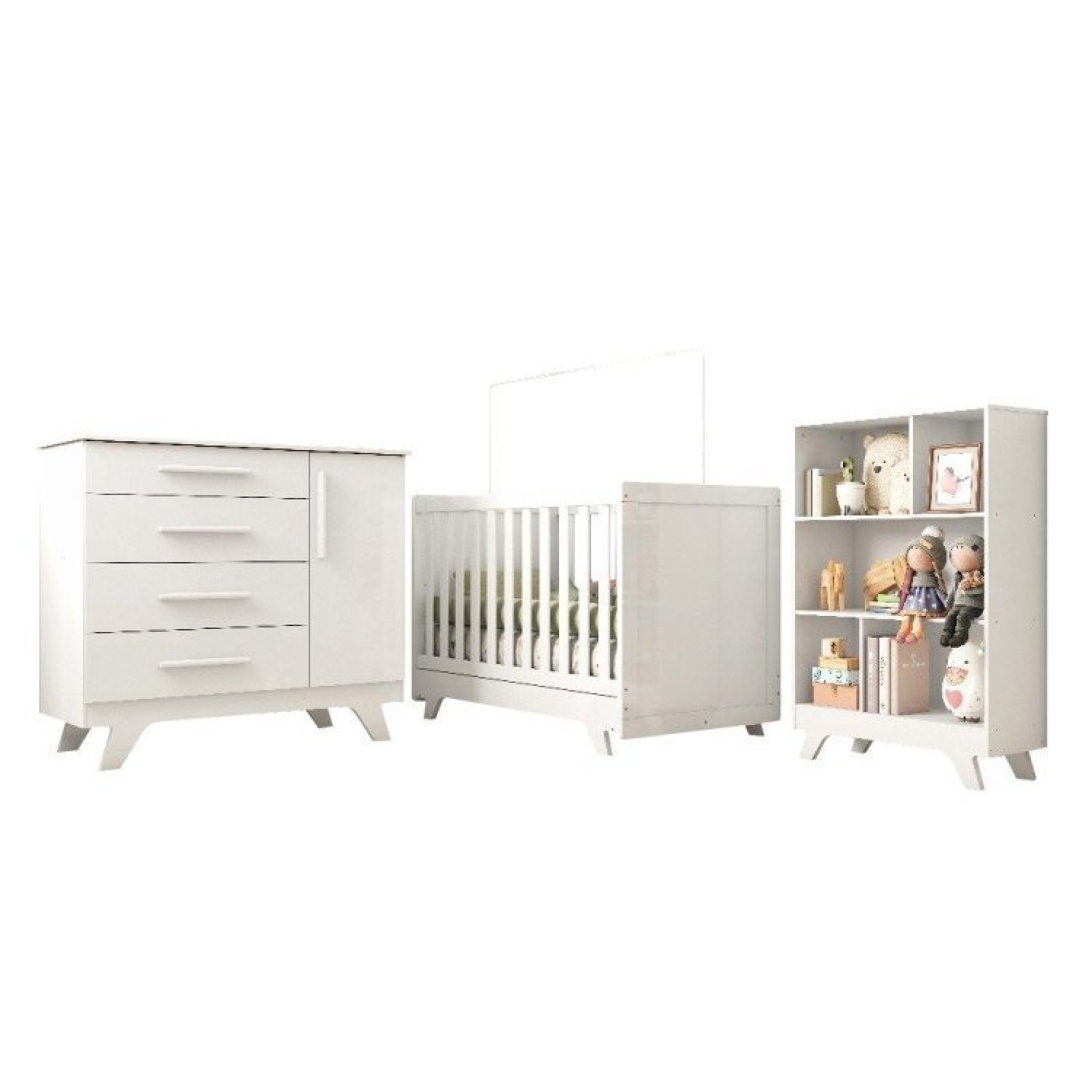 Quarto De Bebê Com Berço Mini Cama Cômoda E Estante 5 Nichos Kakau Retrô Espresso Móveis Branco