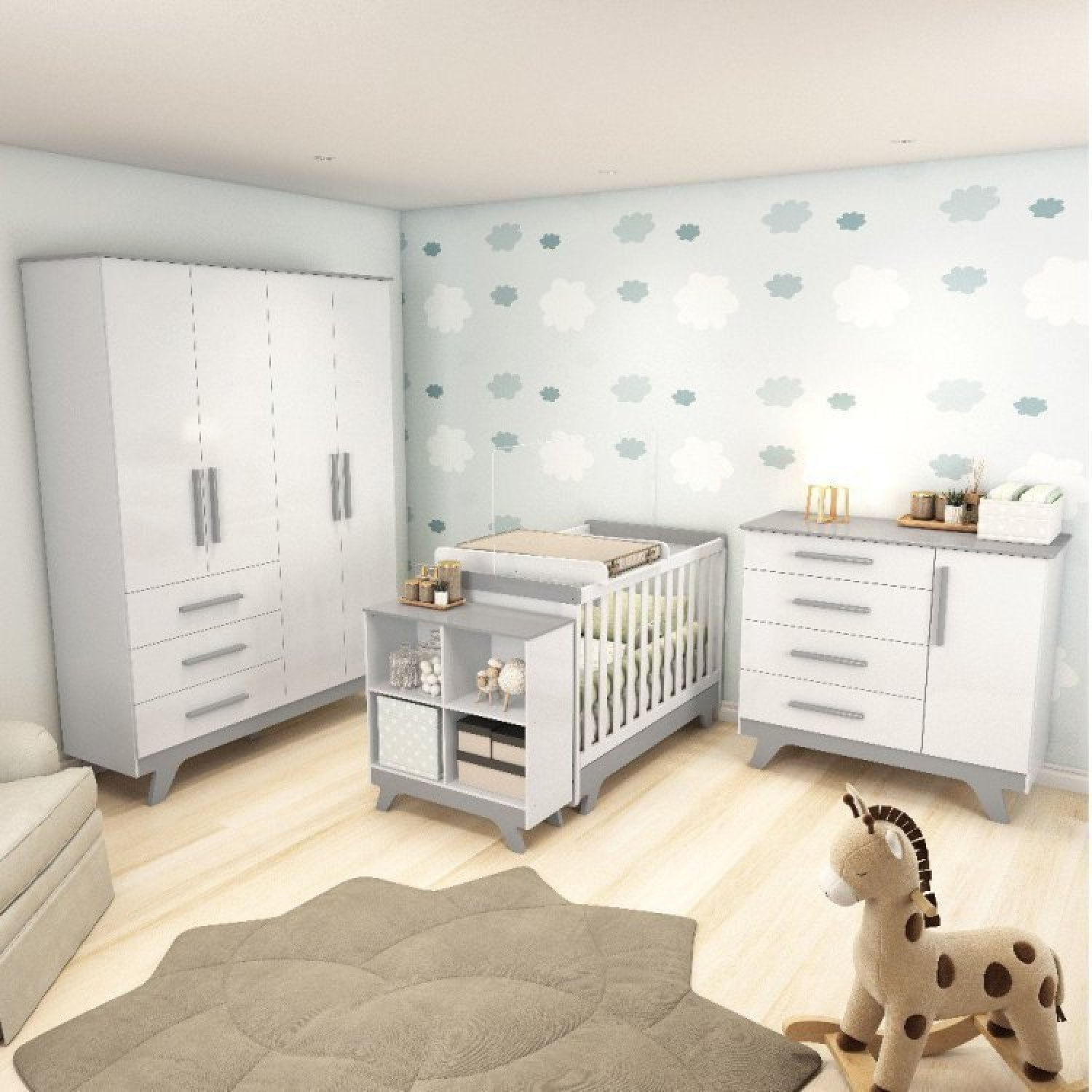 Quarto de Bebê com Berço 2 em 1 Guarda Roupa Cômoda Estante e Trocador Kakau Retrô Espresso Móveis Branco Brilho/Cinza