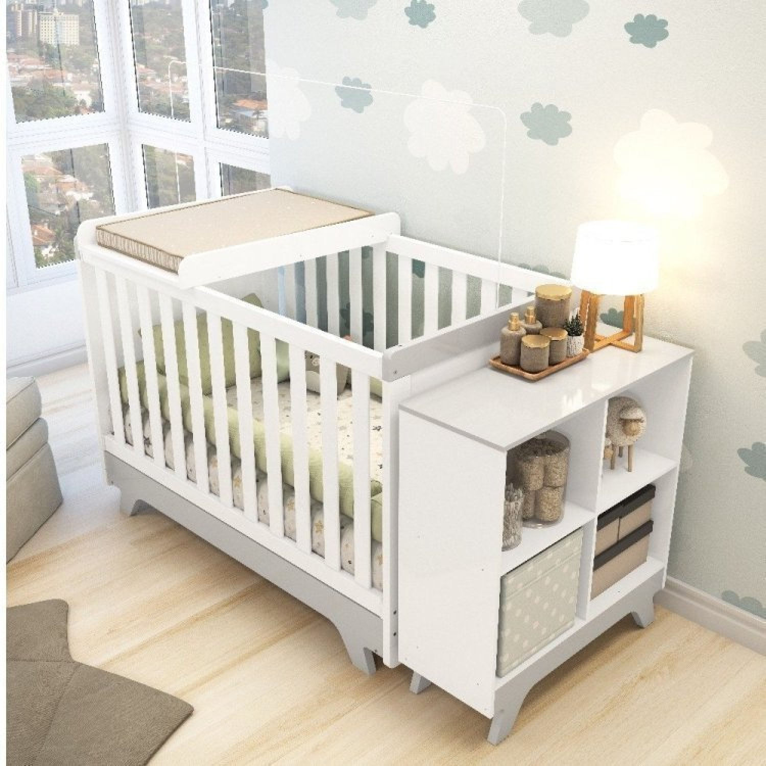 Encontraproduto.com.br - Quarto de Bebê com Berço Mini Cama Estante 4 Prateleiras e Trocador Kakau Retrô Espresso Móveis Branco Brilho/Cinza
