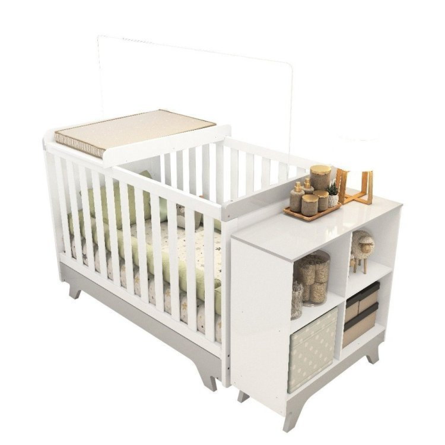 Encontraproduto.com.br - Quarto de Bebê com Berço Mini Cama Estante 4 Prateleiras e Trocador Kakau Retrô Espresso Móveis Branco Brilho/Cinza