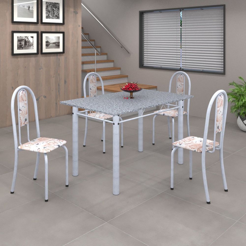 Conjunto De Mesa 120X75Cm Tampo Em Granito Com 4 Cadeiras Iris A Soma Móveis Botanic Bege/Martelado Pérola/Granito