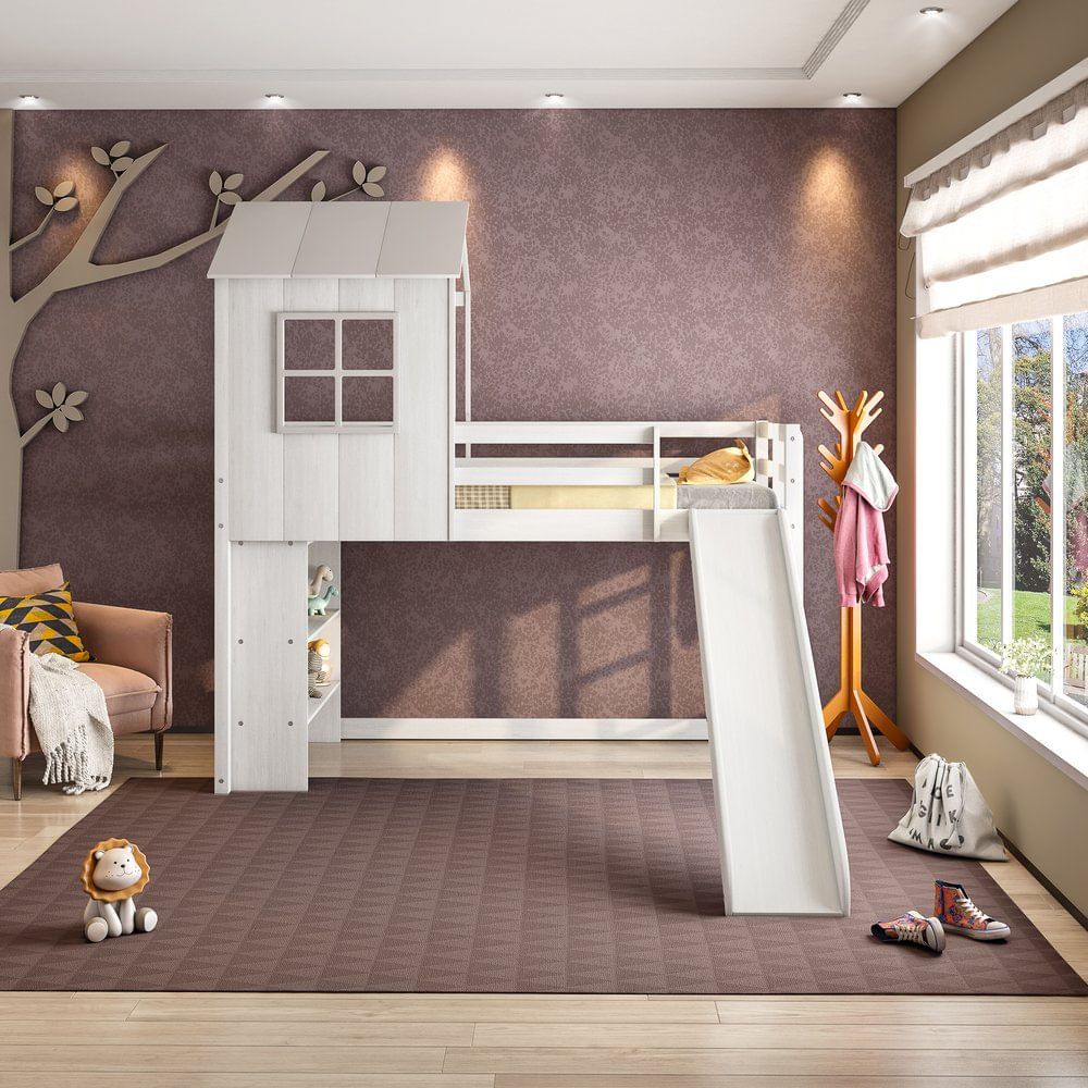Cama Alta Infantil Cabana Family Com Escorregador E Estante Casatema Branco/Off White