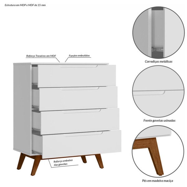 Encontraproduto.com.br - Cômoda Solteiro Retrô 4 Gavetas Alpi Branco