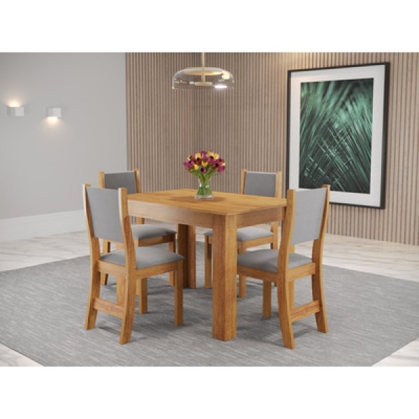 Conjunto Sala De Jantar Mesa Jude Com 4 Cadeiras Sol Viero Mel/Cinza