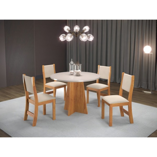 Conjunto Sala De Jantar Mesa Chilli 90Cm Tampo Redondo Com 4 Cadeiras Sol Viero Mel/Blonde/Bege