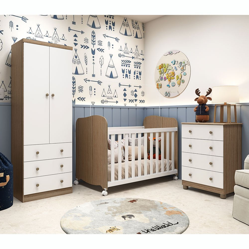 Quarto de Bebê Completo com Guarda Roupa Smim Cômoda Júnior e Berço Uli Móveis Peroba Branco/Carvalho