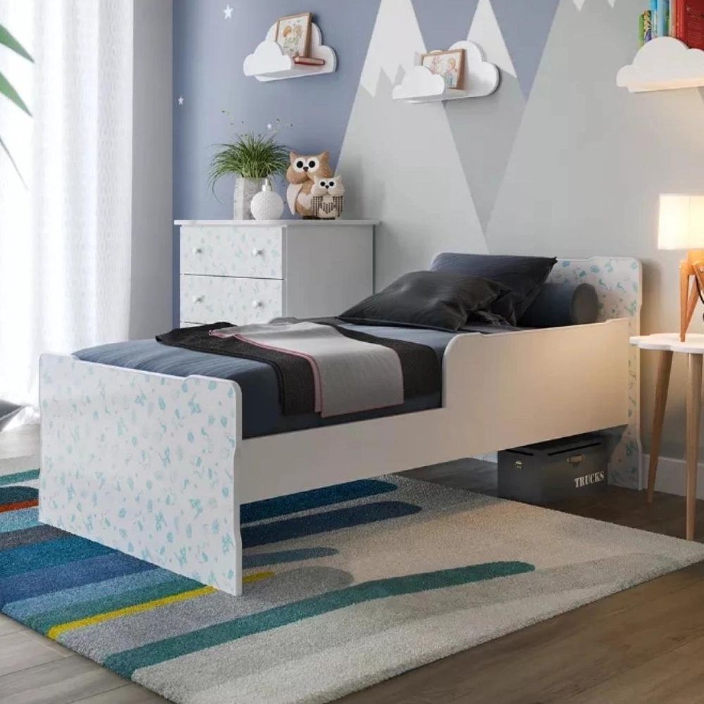 Cama Infantil New Baby Batrol Móveis Branco/Gravuras Azul