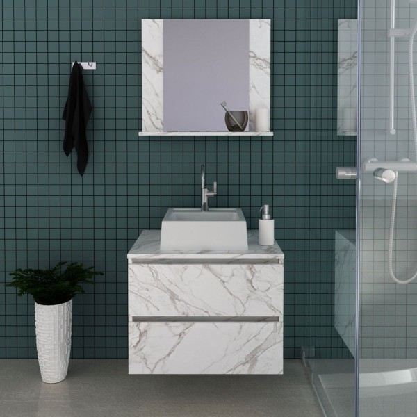 Encontraproduto.com.br - Gabinete Para Banheiro Com Espelheira E Cuba Bn3627 Tecnomobili Mármore Branco
