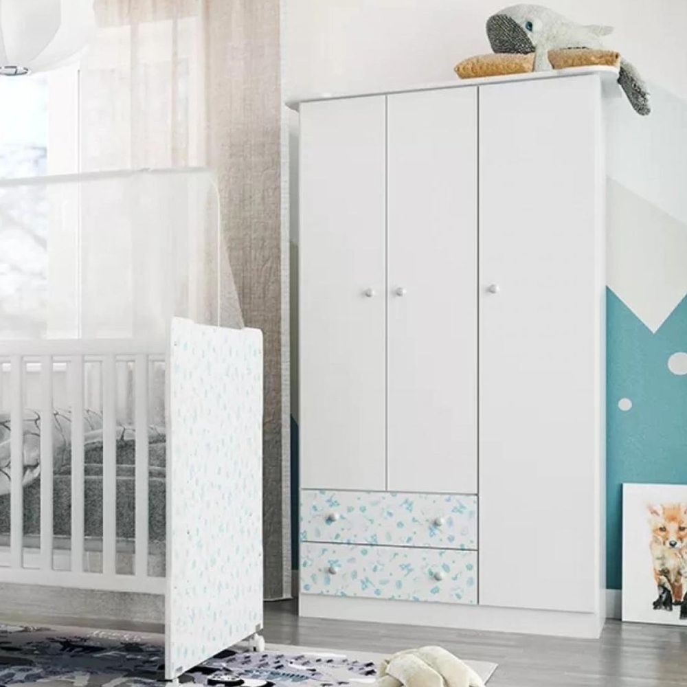 Guarda Roupa Infantil 3 Portas 2 Gavetas New Baby Batrol Móveis Branco/gravuras Azul/rosa