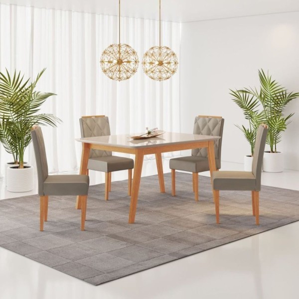 Conjunto Sala De Jantar Mesa Elegance Com 4 Cadeiras Diamante Jolie Jcm Móveis Cinamomo-Off White