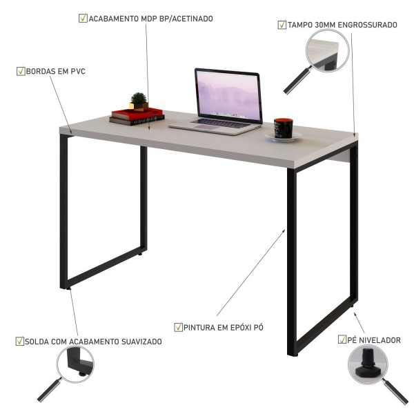 Encontraproduto.com.br - Mesa Para Escritório Office Estilo Industrial 120cm Kuadra Compace Branco Chess