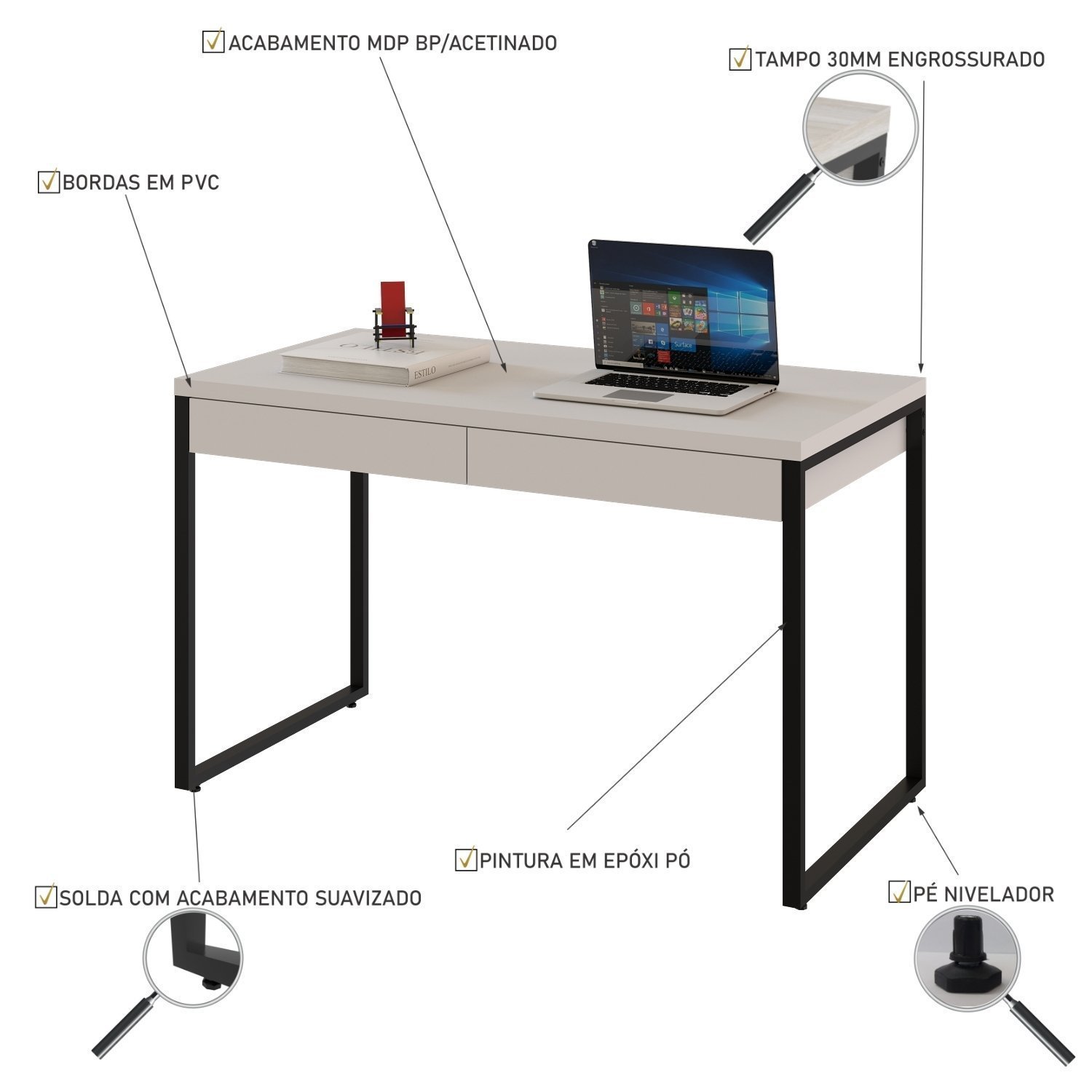 Encontraproduto.com.br - Mesa Para Escritório 120cm 2 Gavetas Kuadra Compace Branco Chess