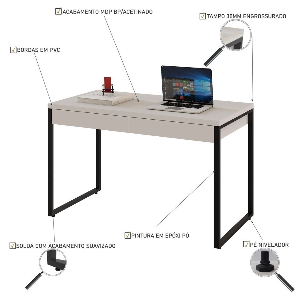 Encontraproduto.com.br - Mesa Para Escritório 120cm 2 Gavetas Kuadra Compace Branco Chess