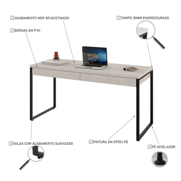 Encontraproduto.com.br - Mesa Para Escritório 150cm 2 Gavetas Kuadra Compace Branco Chess