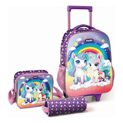 Mochila De Rodinhas Com Estojo e Lancheira Magic Unicorn