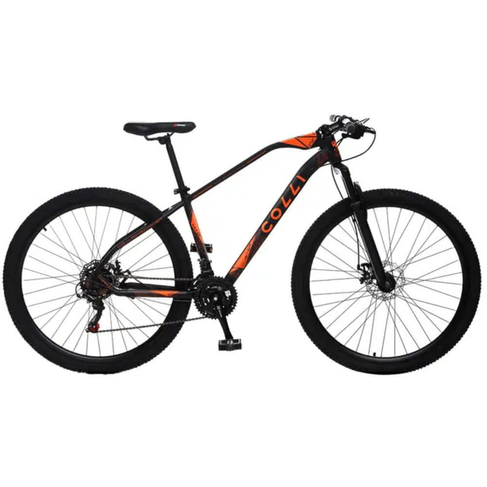 Bicicleta Colli Duster Singles Alumínio Aro 29 21 Marchas com Freio a Disco Preto/Laranja Neon