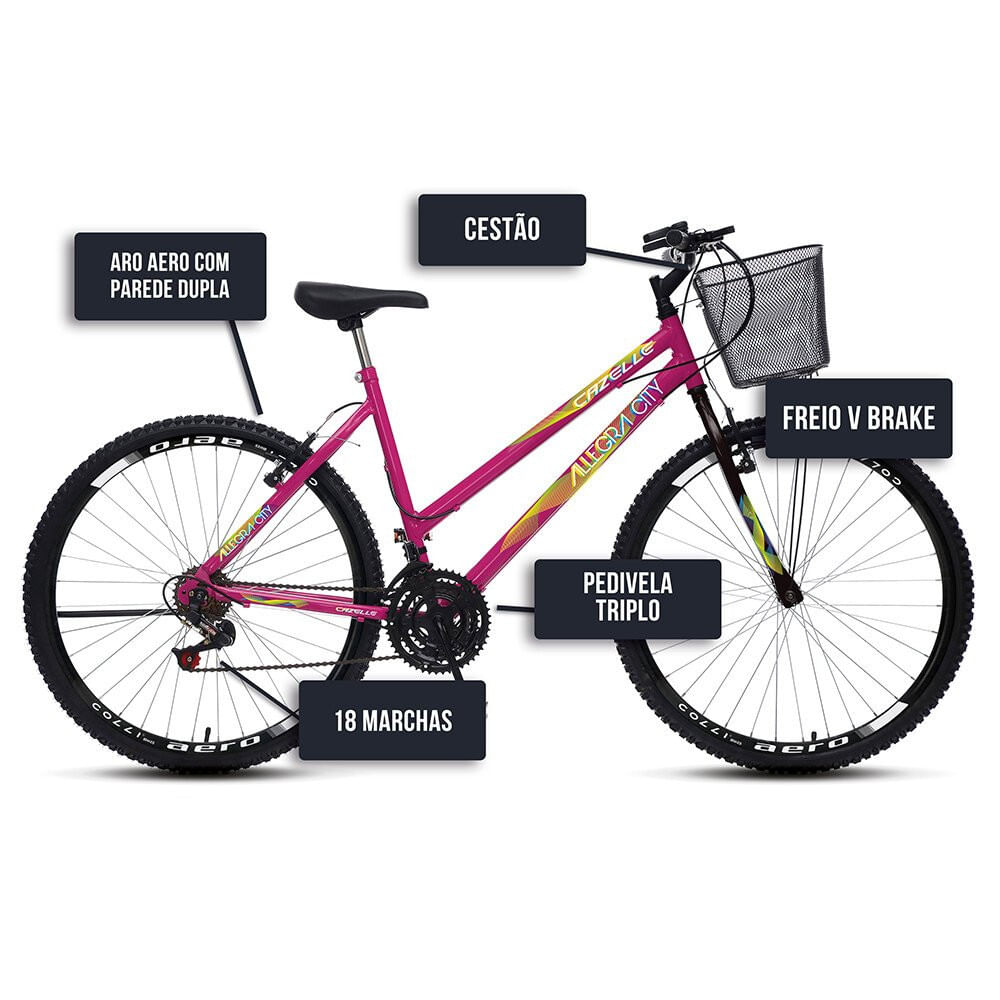 Encontraproduto.com.br - Bicicleta Colli Bike Cazelle Allegra City Aro 26 18 Marchas Freio V-Brake Suspensão Dianteira Rosa
