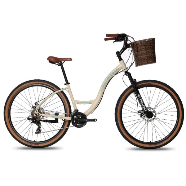 Encontraproduto.com.br - Bicicleta Colli Munique Alumínio Aro 29 21 Marchas com Freio a Disco e Cesta - Bege