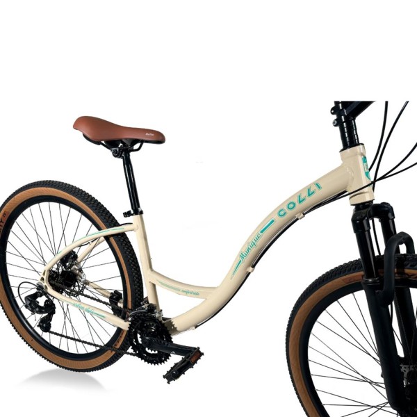 Encontraproduto.com.br - Bicicleta Colli Munique Alumínio Aro 29 21 Marchas com Freio a Disco e Cesta - Bege