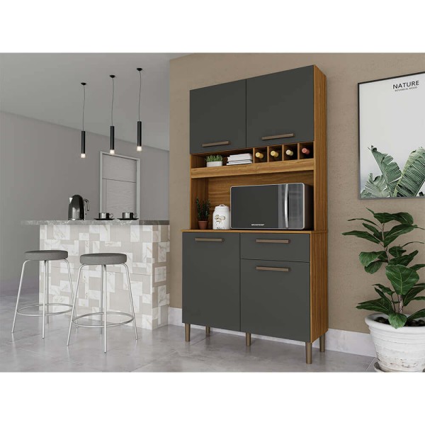 Encontraproduto.com.br - Cozinha Compacta Ronipa Pinot 4 Portas - Amêndoa/Chumbo
