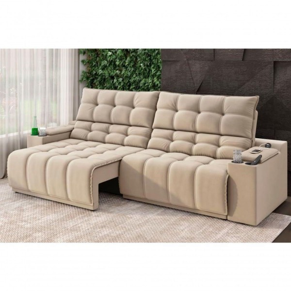 Encontraproduto.com.br - Sofá Connect Premium 2,00m Assento Retrátil/reclinável Com Porta Copos E Entrada Usb Suede Capuccino