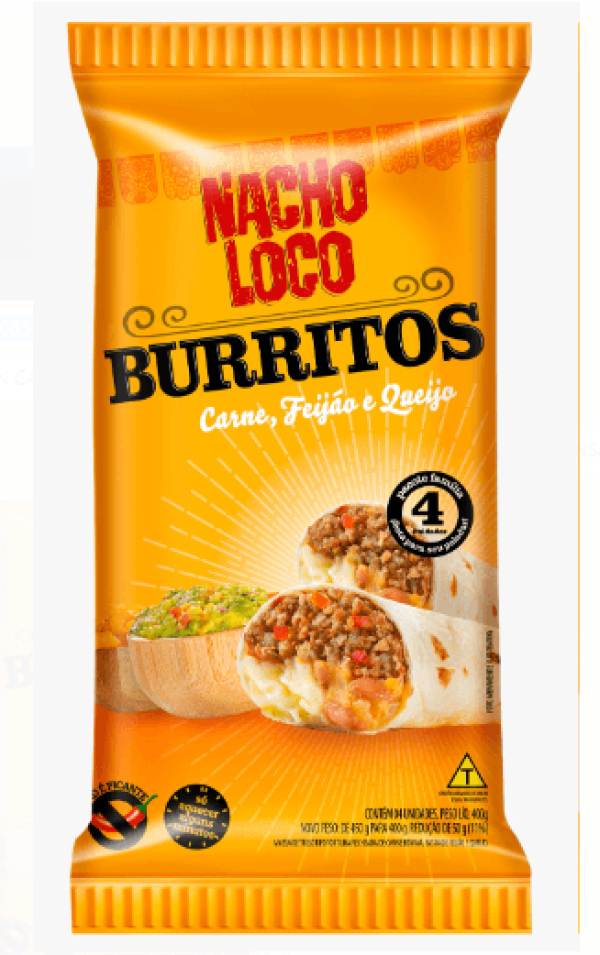 Burrito Recheio Carne Feijão e Queijo Nacho Loco 400g 4 Pacotes