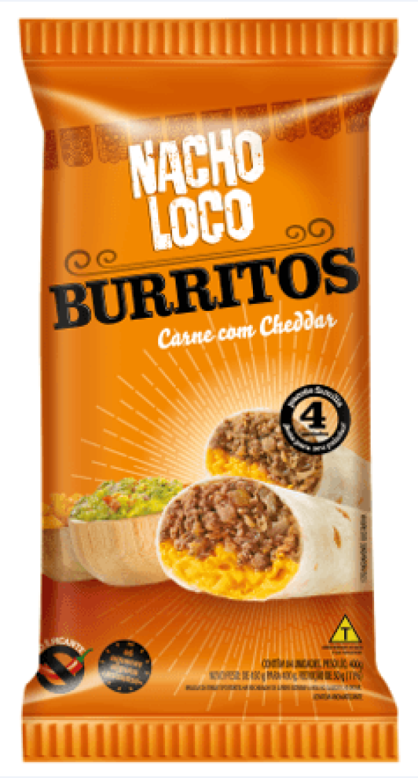 Encontraproduto.com.br - Massa de Trigo Tipo Tortilha Burrito Recheio de Carne Bovina com Molho Cheddar Nacho Loco Pacote 400g 4 Unidades
