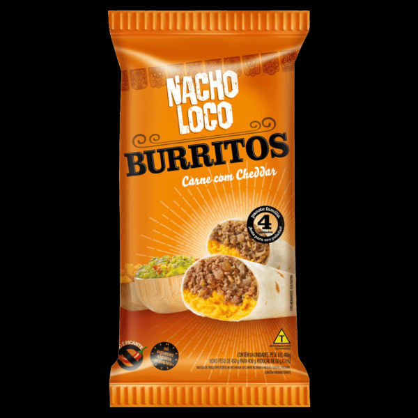 Encontraproduto.com.br - Massa de Trigo Tipo Tortilha Burrito Recheio de Carne Bovina com Molho Cheddar Nacho Loco Pacote 400g 4 Unidades