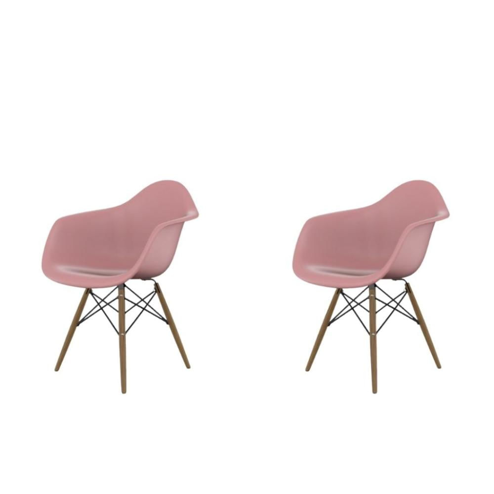 Conjunto Com 2 Cadeiras Eames Com Braço Rosa Empório Tiffany Base Em Madeira