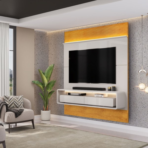 Encontraproduto.com.br - Painel Ripado para TV até 70 Polegadas com LED 2 Gavetas em MDF Taylor DJ Móveis
