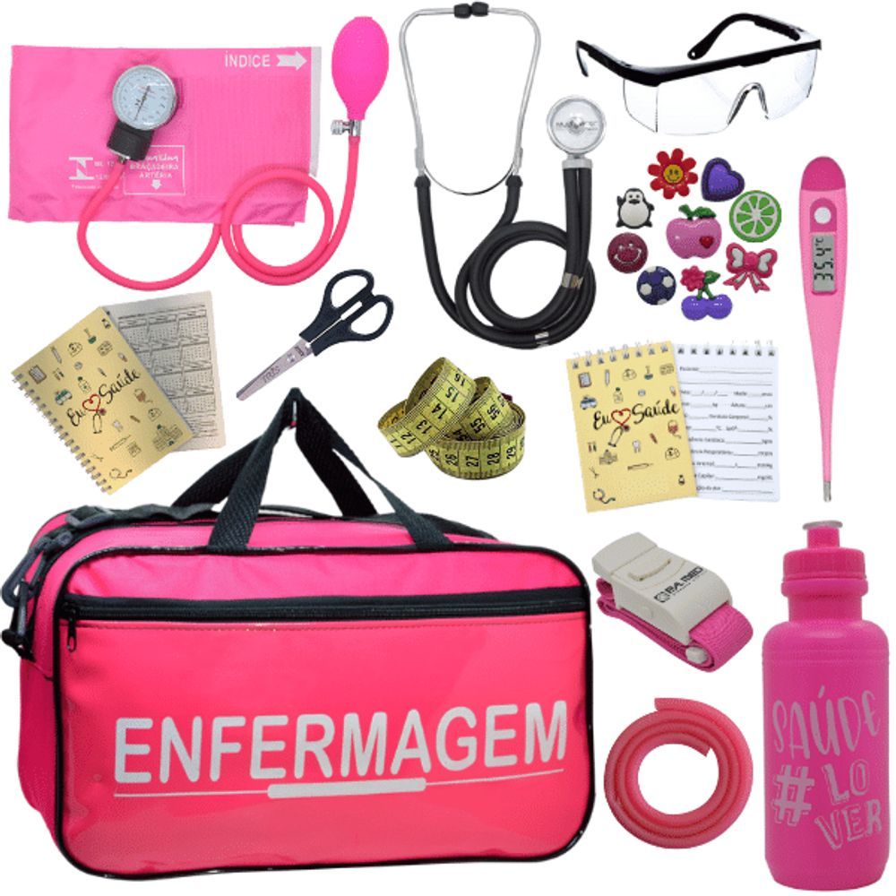 Encontraproduto.com.br - Kit Bolsa Aparelho De Pressão Esfigmomanômetro Enfermagem Fúcsia