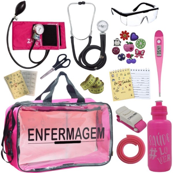 Encontraproduto.com.br - Kit Bolsa Aparelho De Pressão Aneroide Esteto Enfermagem Fúcsia