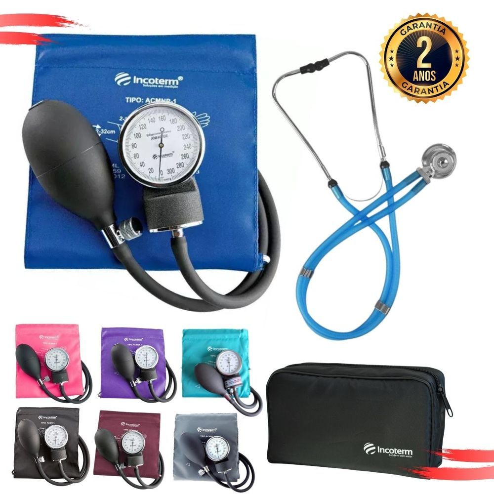 Encontraproduto.com.br - Aparelho Pressão Esfigmomanômetro Aneroide + Estetoscópio Rappaport Duplo Azul