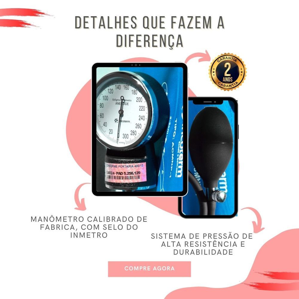 Encontraproduto.com.br - Aparelho Pressão Esfigmomanômetro Aneroide + Estetoscópio Rappaport Duplo Azul