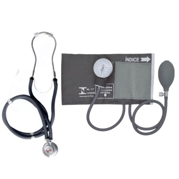 Encontraproduto.com.br - Aparelho Pressão Esfigmomanômetro Aneroide + Estetoscópio Rappaport Duplo Cinza