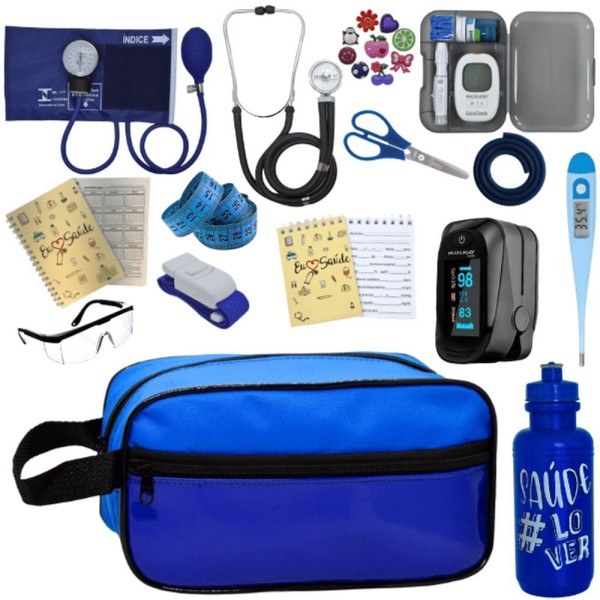 Kit Enfermagem Aparelho De Pressão Estetoscópio Medidor Glicose Completo Azul