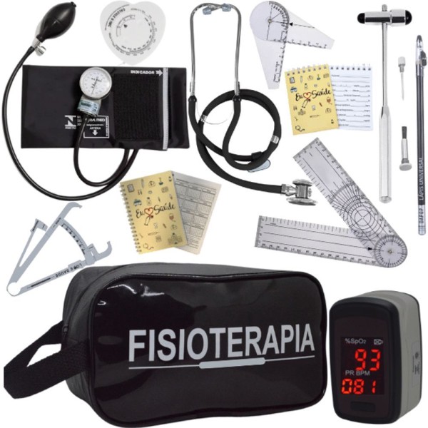 Kit Fisioterapia Necessaire Estampada Goniometro Martelo Buck Fita Imc Oxímetro Preto