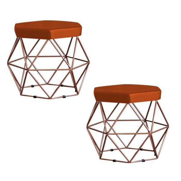 Kit 2 Puff Decorativo Base Bronze Elsa Suede Telha G41 - Gran Belo