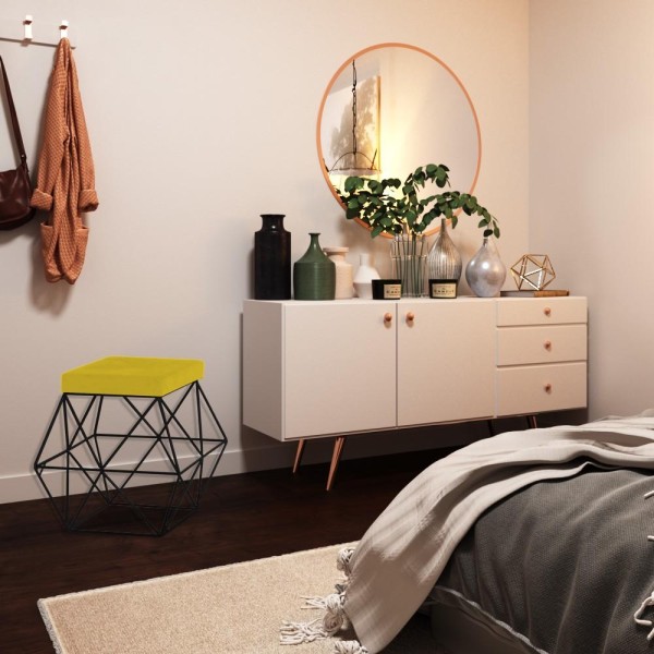 Encontraproduto.com.br - Kit 2 Puffs Decorativo Sala de Estar Base Preto Trixie Suede Amarelo G41 - Gran Belo