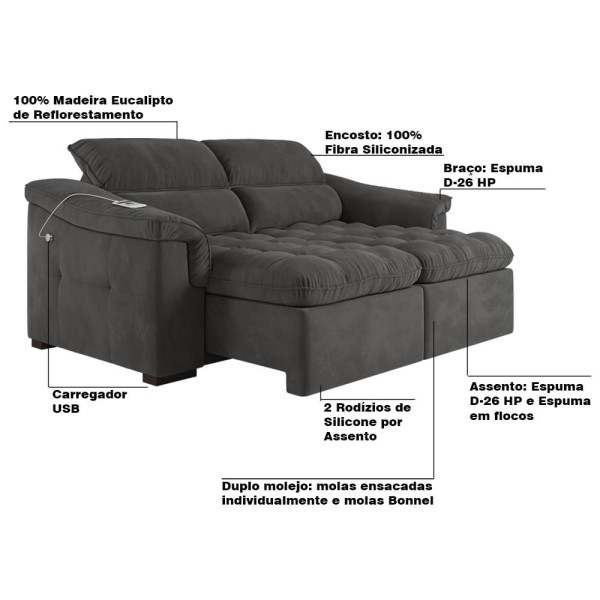 Encontraproduto.com.br - Sofá 2 Lugares Retrátil Com USB Para Sala de Estar Next 219cm Veludo Grafite - Gran Belo