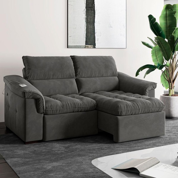 Encontraproduto.com.br - Sofá 2 Lugares Retrátil Com USB Para Sala de Estar Next 219cm Veludo Grafite - Gran Belo