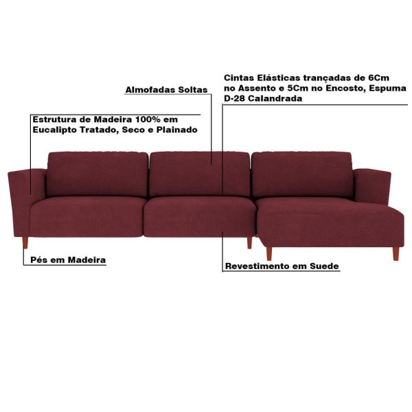 Encontraproduto.com.br - Sofá 310cm com Chaise Direita Franz Suede Bordô - Gran Belo