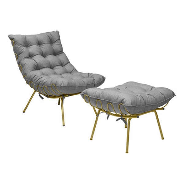 Encontraproduto.com.br - Poltrona e Puff Abel Base de Ferro Dourada Linho Cinza