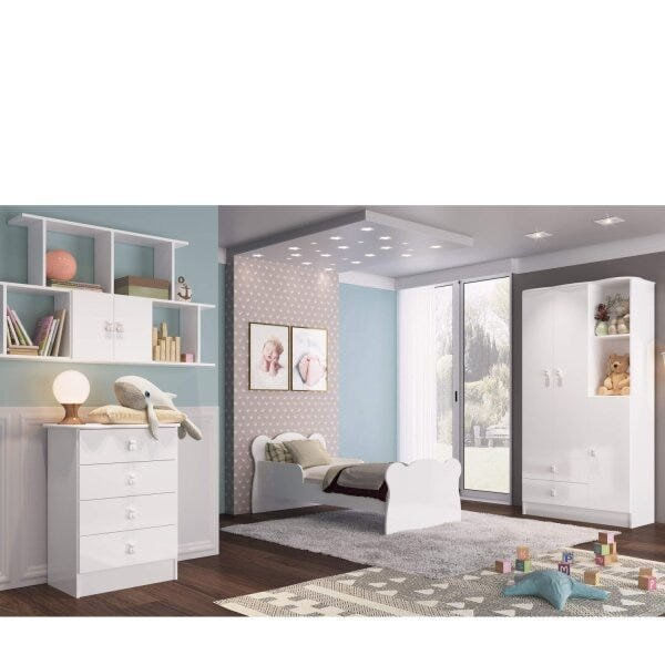 Quarto Infantil Completo Docinho com Guarda Roupa 3 Portas, Cômoda, Mini Cama e Nicho Espresso Móveis Branco