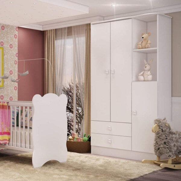 Encontraproduto.com.br - Quarto Infantil Completo Docinho com Guarda Roupa 3 Portas, Cômoda, Mini Cama e Nicho Espresso Móveis Branco