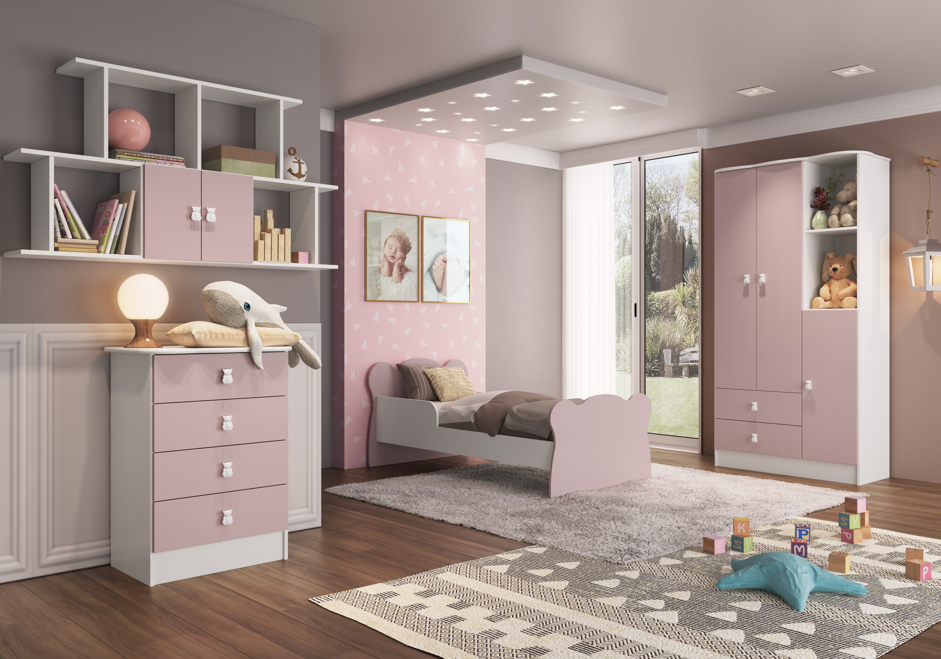 Quarto Infantil Completo Docinho com Guarda-Roupa, Cômoda, Mini Cama e Nicho Espresso Móveis Branco/Rosa